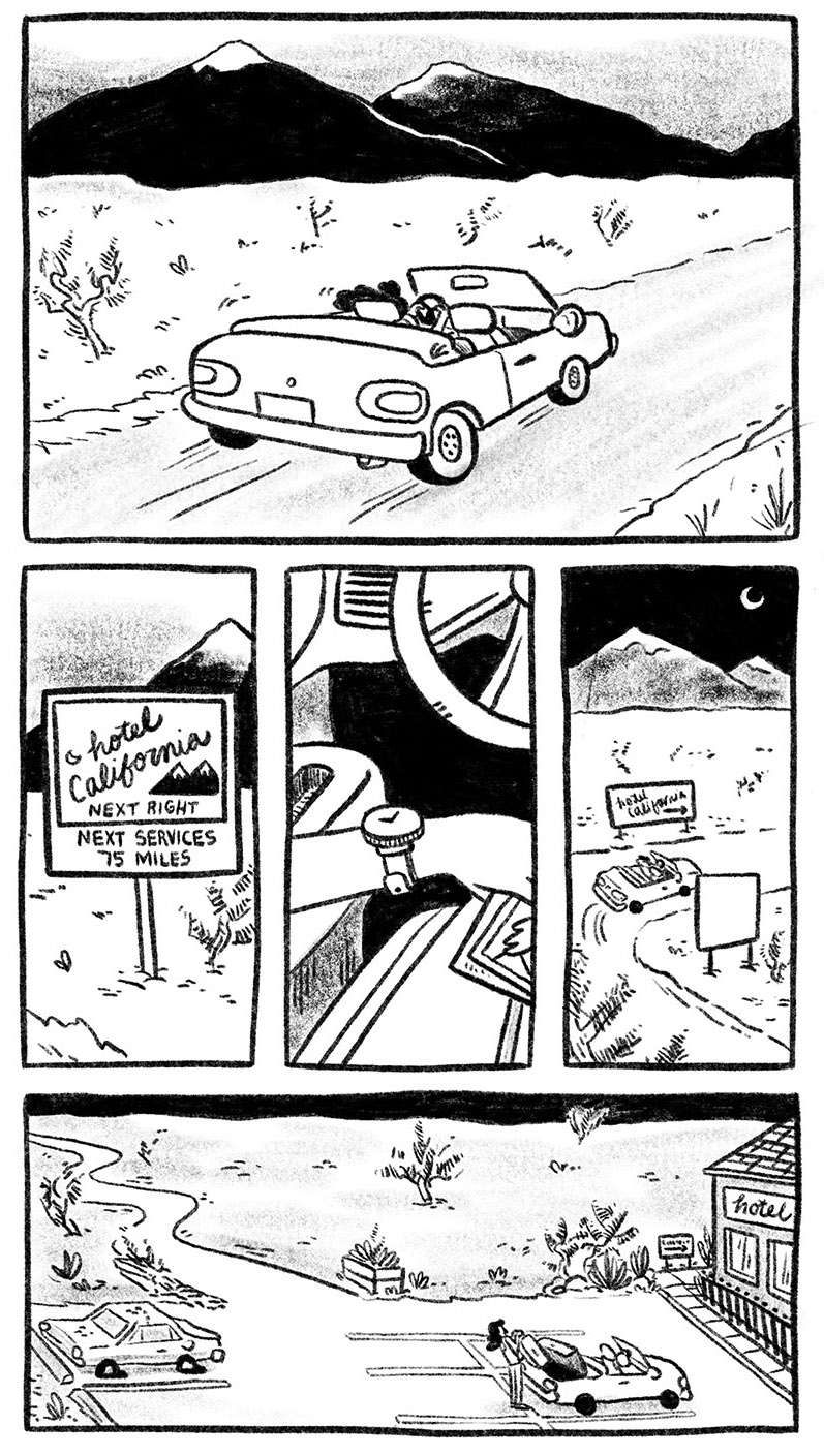 Panel 1: Car driving down a road toward the mountains also it is a deserty cool